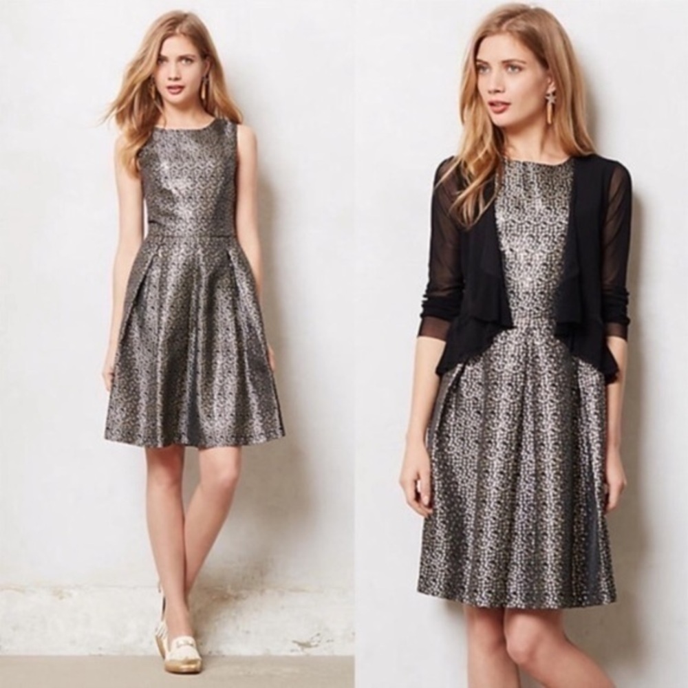 ANTHROPOLOGIE James Coviello "Josseline" Brocade Metallic Dot Shift Dress